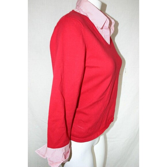 ByDesign Womens Red Sweater Faux Layer Stripe Collar Cuffs 3/4 Sleeves Sz Large - Picture 3 of 5